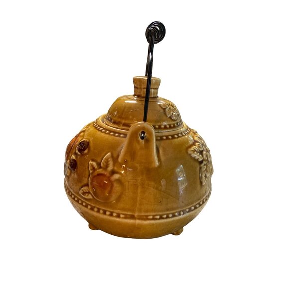 Vintage Japanese Ceramic Teapot Brown Glaze Floral Peach Design Wire Handle - Picture 2 of 11